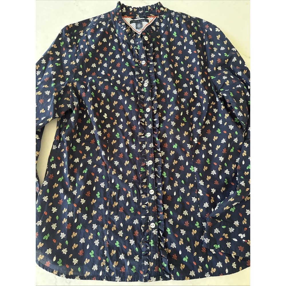 Tommy Hilfiger Fall Leaf Blouse Long Sleeve Button Up Top Women L Ruffle Cotton